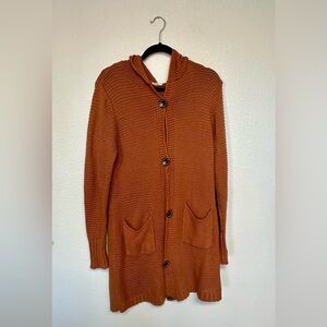 Easel Anthropologie Rust Hooded Cardigan Sweater duster Chunky Knit Pockets M/L